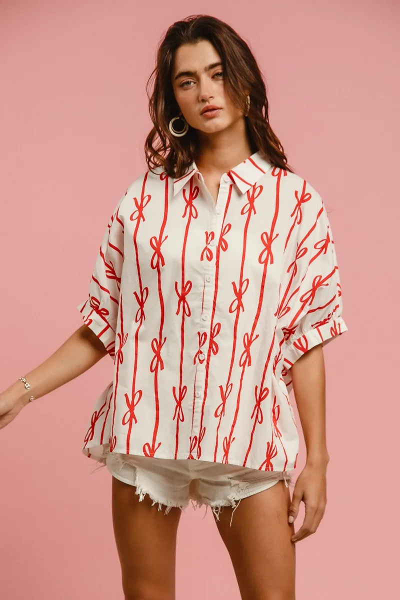 BiBi Bow Ribbon Woven Printed Button Down Shirt - Image 7