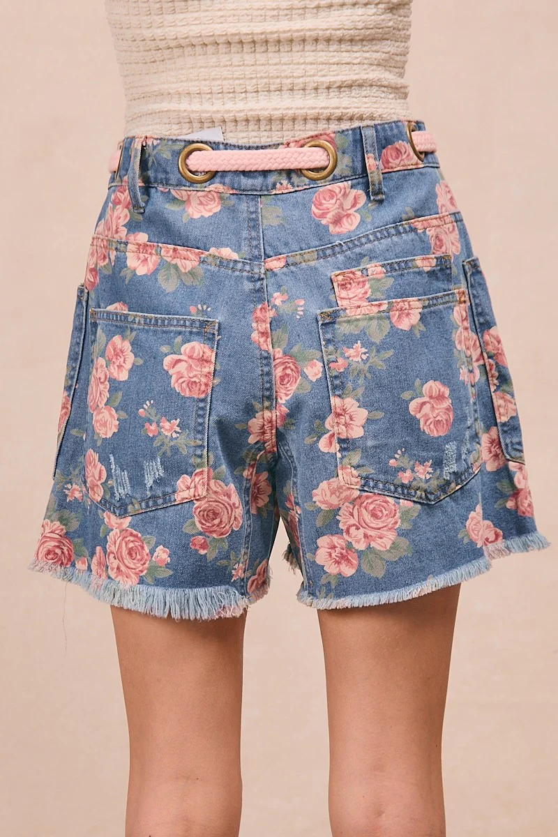 BiBi Braided Waist Belt Patch Pockets Floral Print Denim Shorts - Image 3