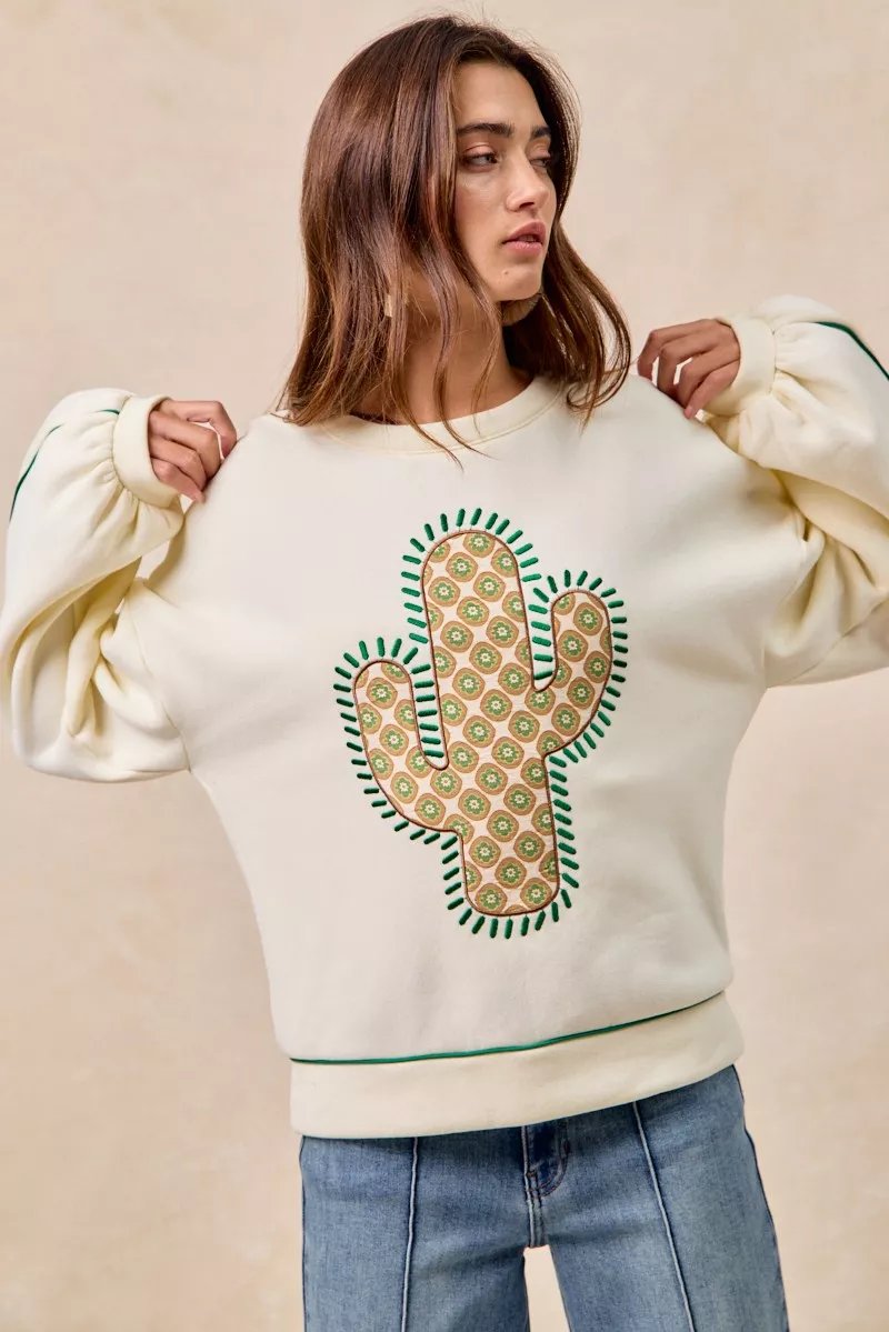 BiBi Cactus Embroidered Fleece Sweatshirt - Image 3