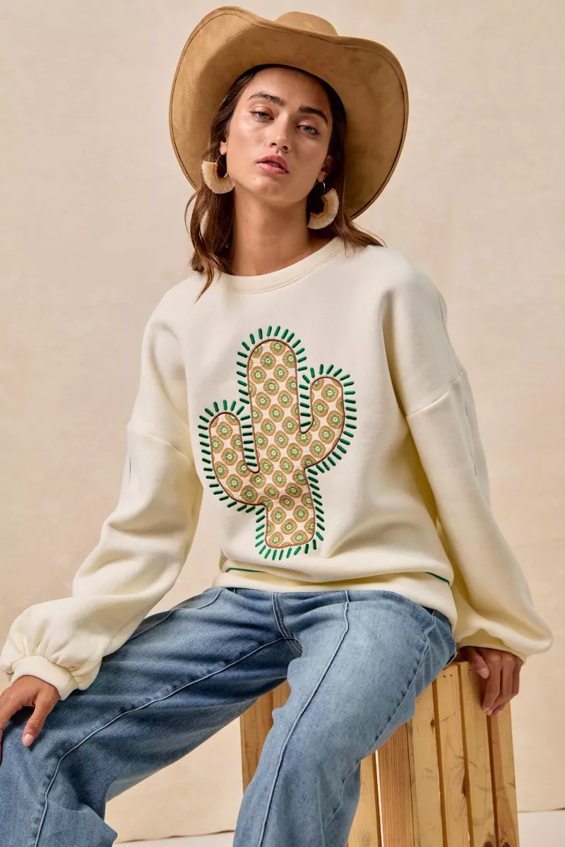 BiBi Cactus Embroidered Fleece Sweatshirt - Image 4