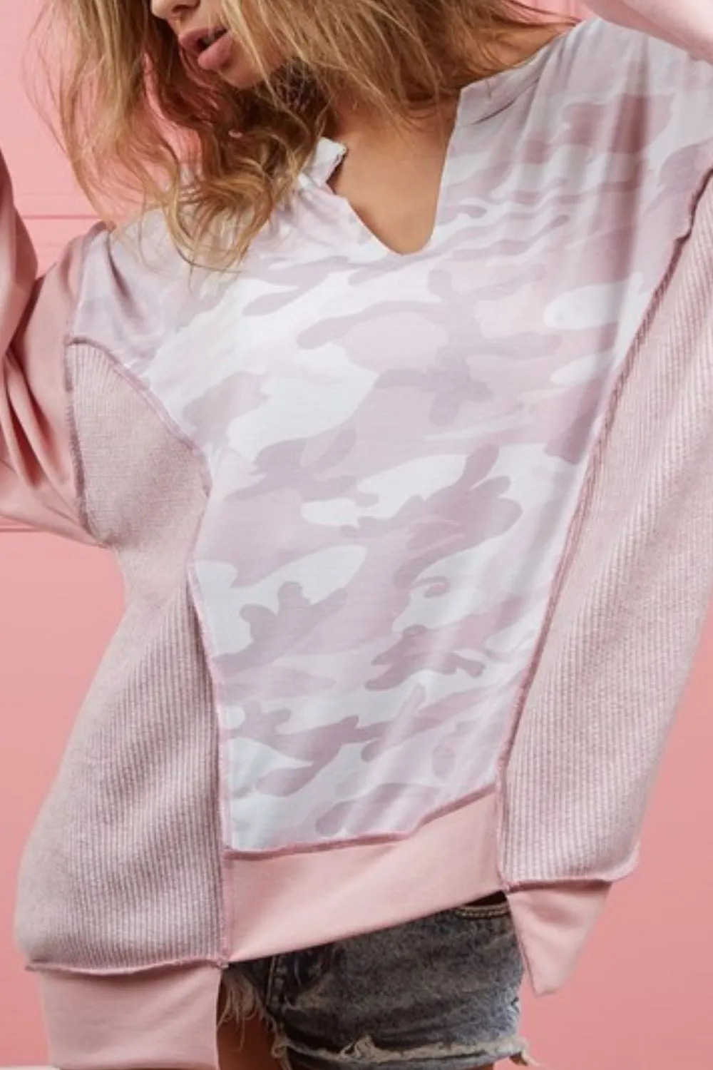 BiBi Camo Printed French Terry Knit Color Block Top - Image 2