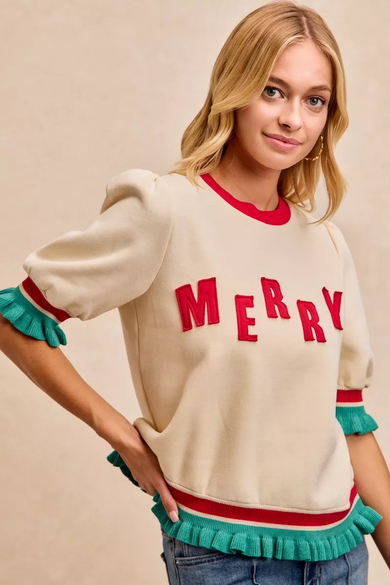 BiBi Christmas Merry Letter Patches Contrast Banded Top - Image 11