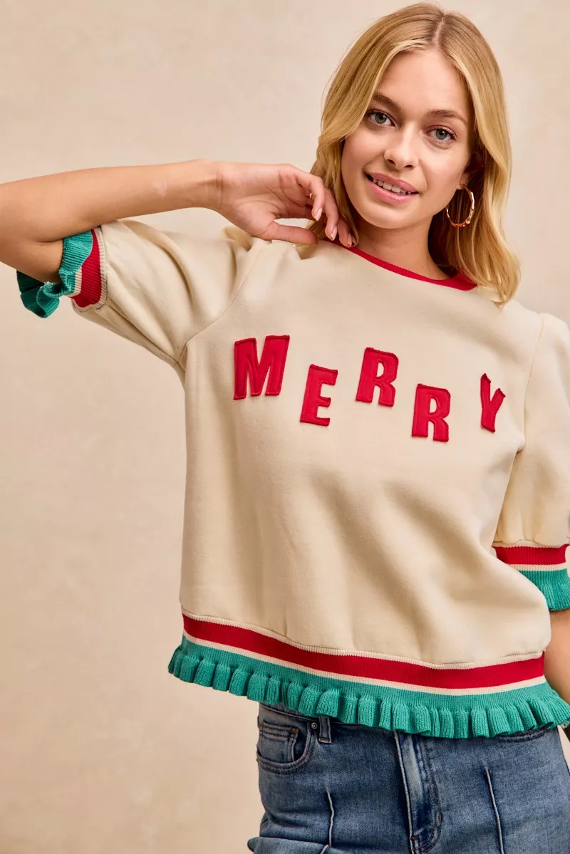BiBi Christmas Merry Letter Patches Contrast Banded Top - Image 13