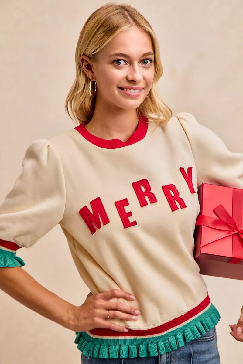 BiBi Christmas Merry Letter Patches Contrast Banded Top - Image 2