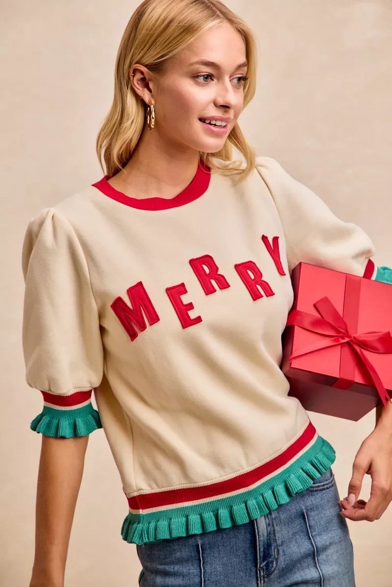BiBi Christmas Merry Letter Patches Contrast Banded Top - Image 3