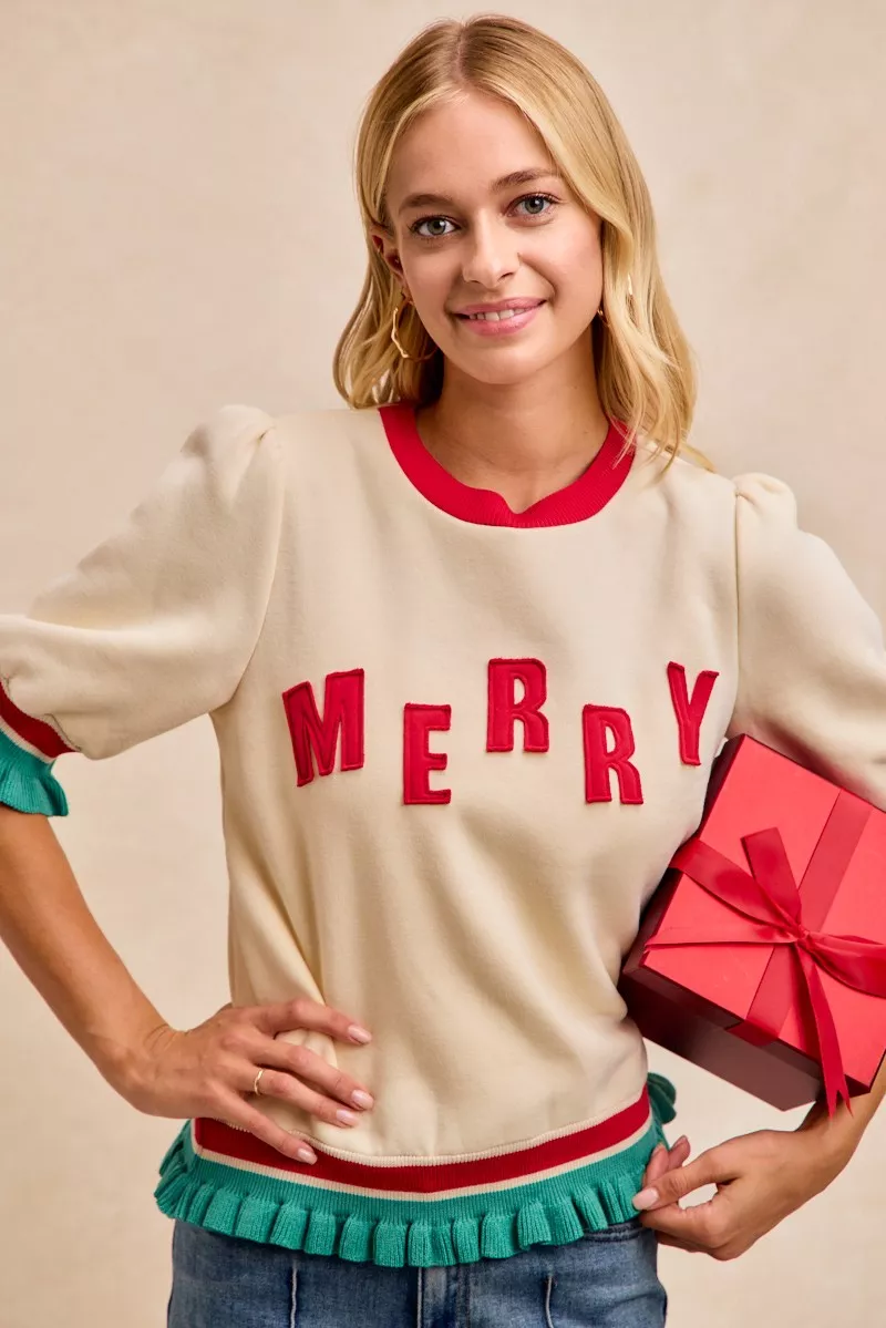 BiBi Christmas Merry Letter Patches Contrast Banded Top - Image 4