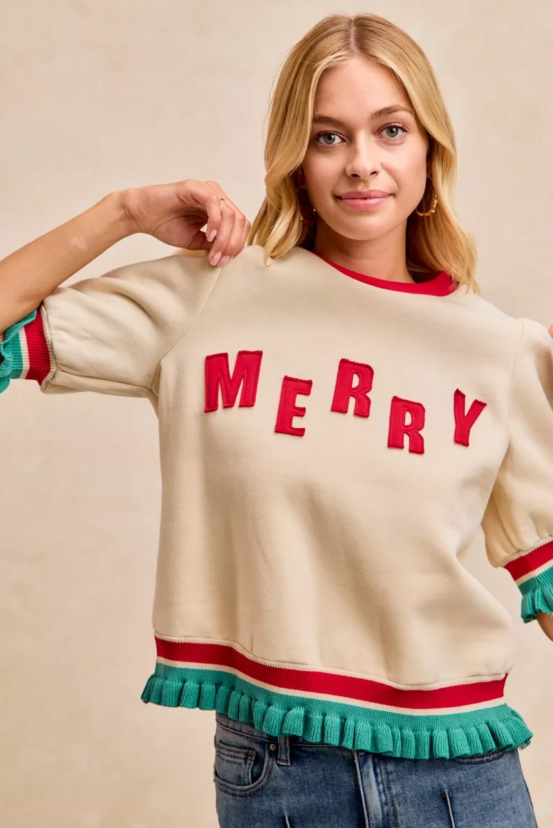 BiBi Christmas Merry Letter Patches Contrast Banded Top - Image 5