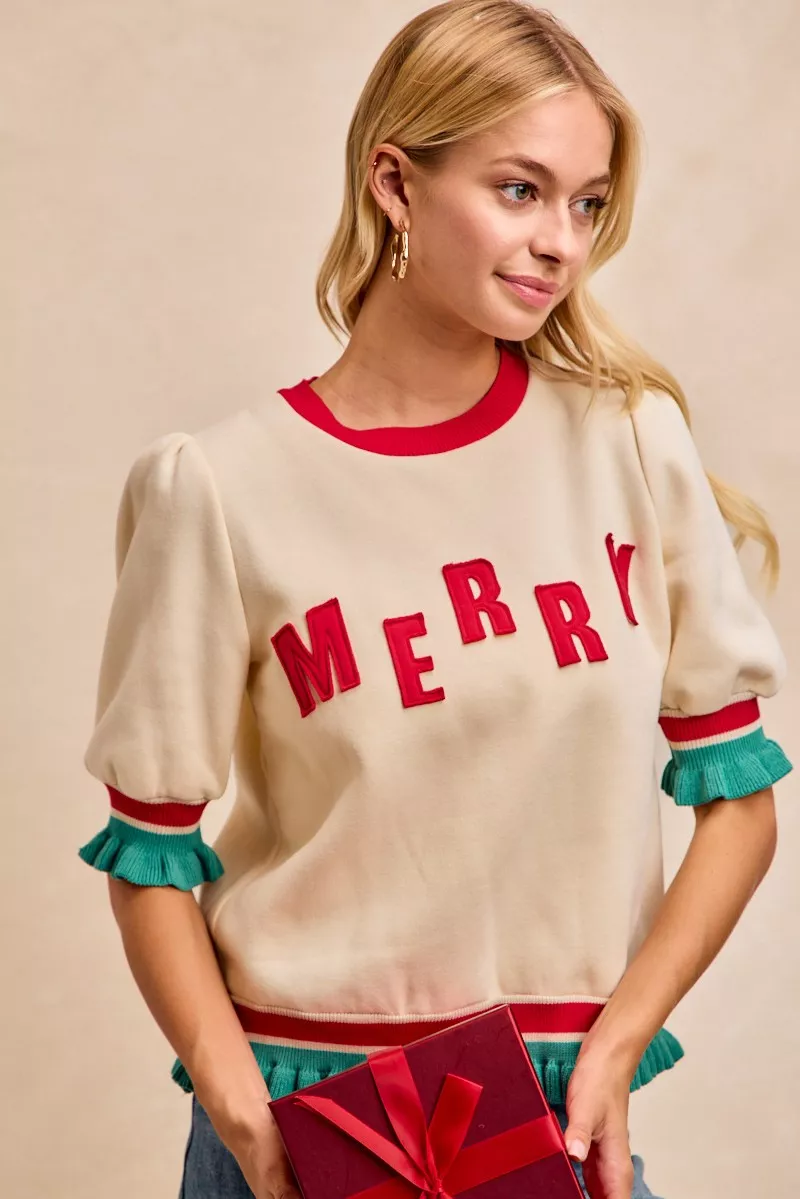 BiBi Christmas Merry Letter Patches Contrast Banded Top - Image 9