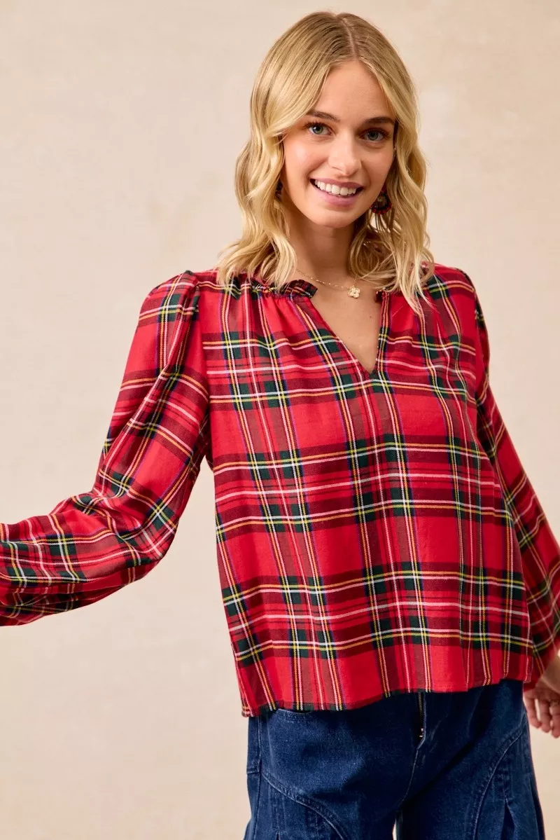 BiBi Christmas Plaid Balloon Sleeves Ruffled V-Neck Top - Image 12