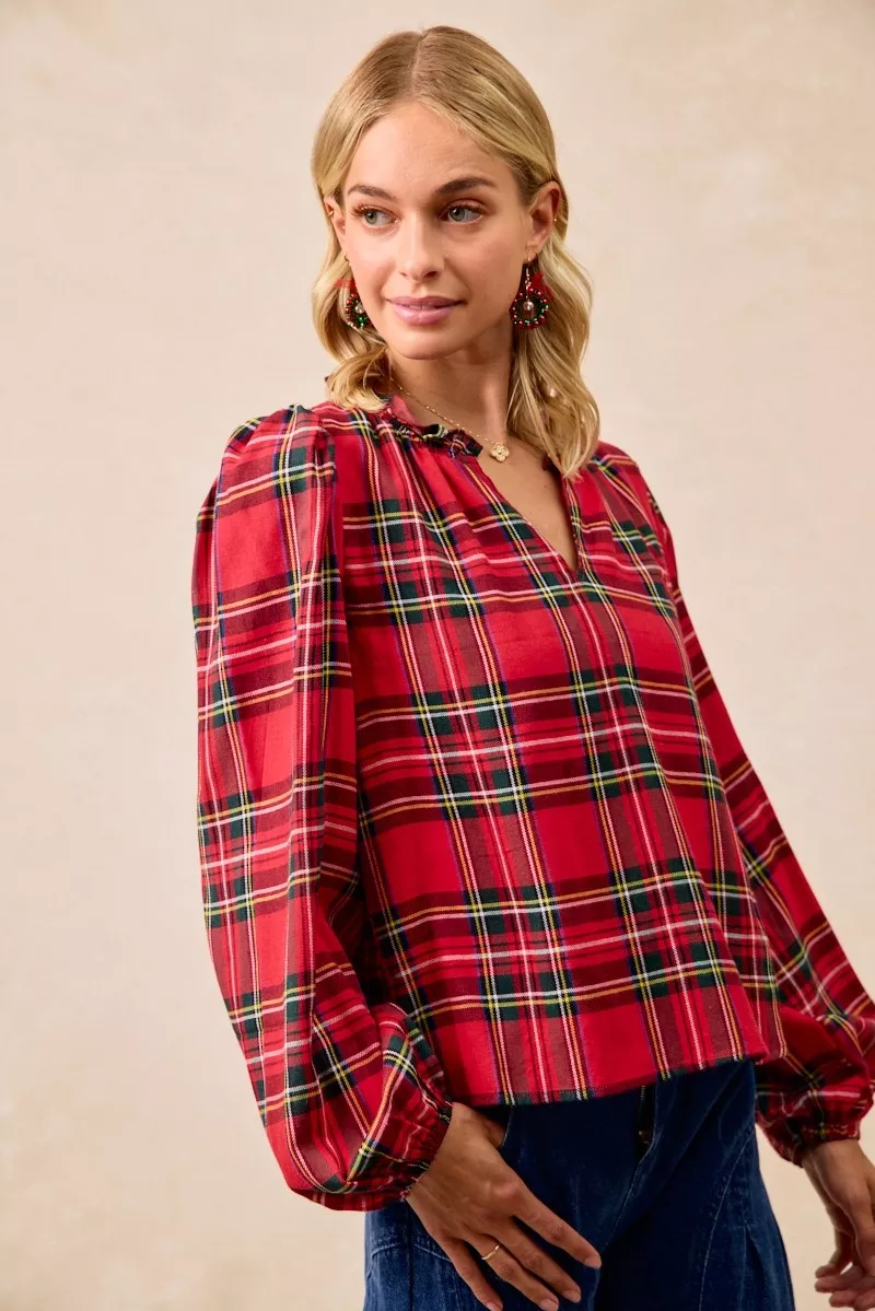 BiBi Christmas Plaid Balloon Sleeves Ruffled V-Neck Top - Image 2
