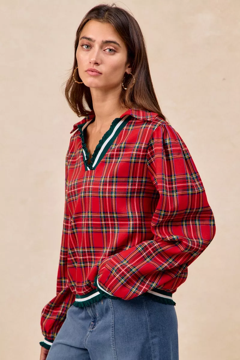 BiBi Christmas Plaid Collared Top with Ruffled Detail - Image 10