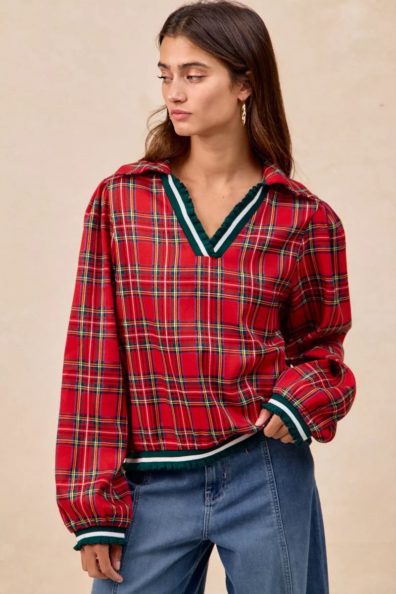BiBi Christmas Plaid Collared Top with Ruffled Detail - Image 17