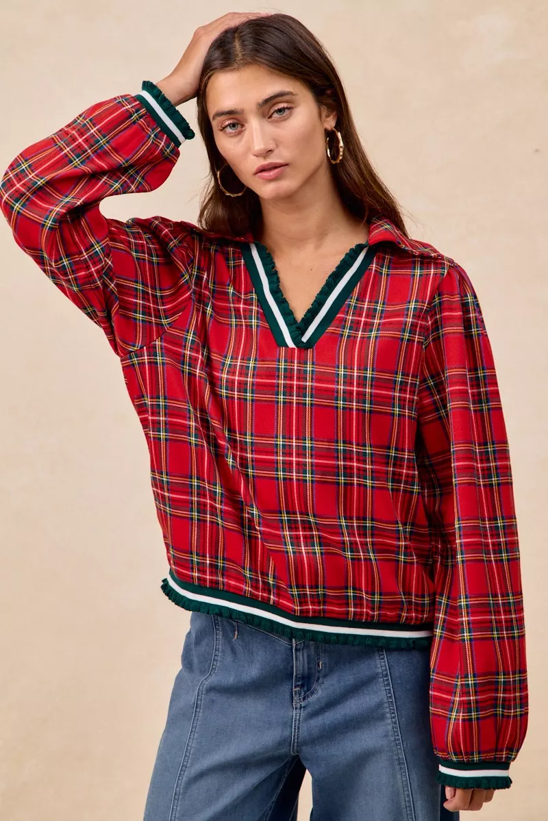 BiBi Christmas Plaid Collared Top with Ruffled Detail - Image 18