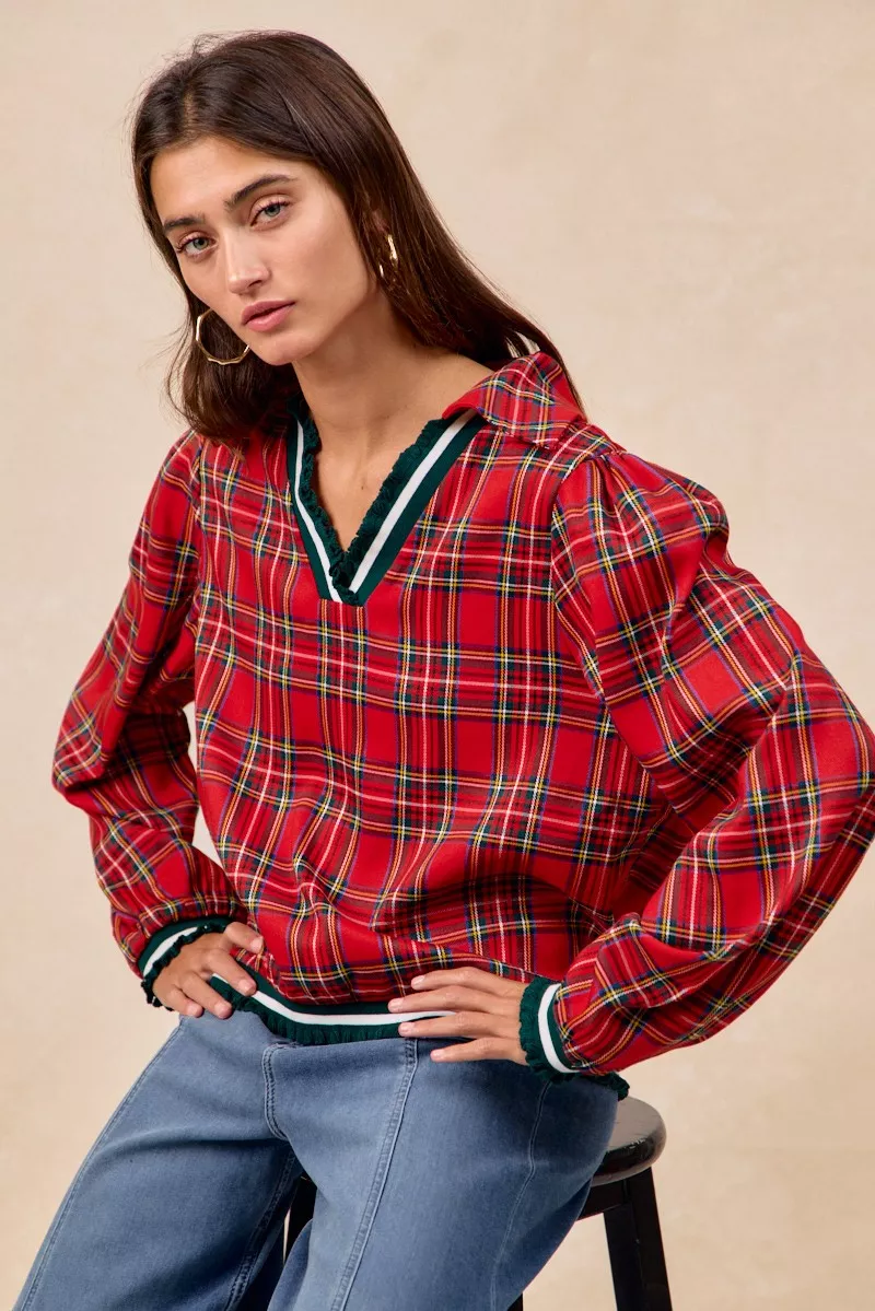 BiBi Christmas Plaid Collared Top with Ruffled Detail - Image 6
