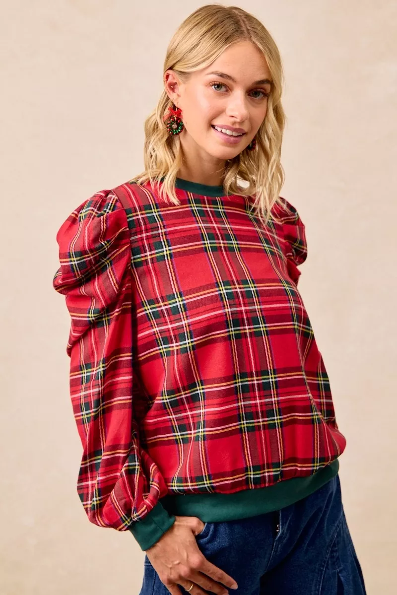 BiBi Christmas Plaid Exaggerated Shoulder Sleeves Top - Image 10