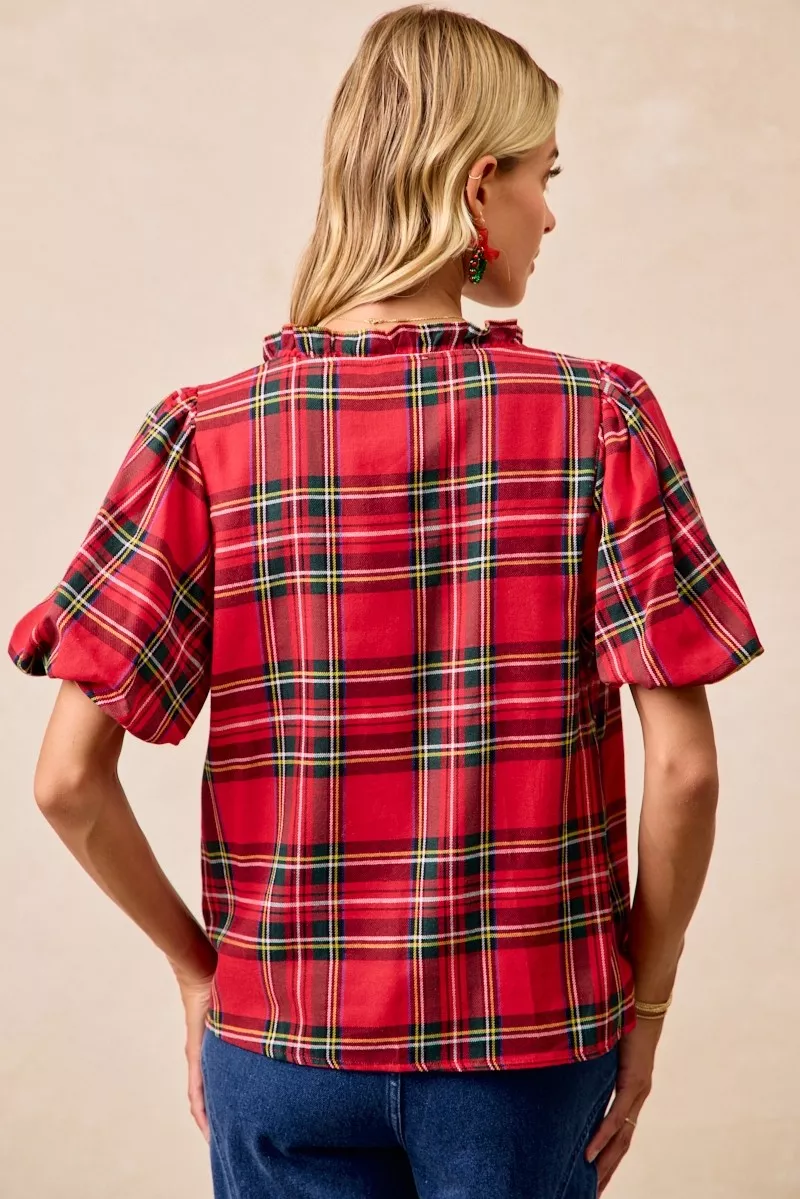 BiBi Christmas Plaid Short Sleeves Ruffled Blouse - Image 10