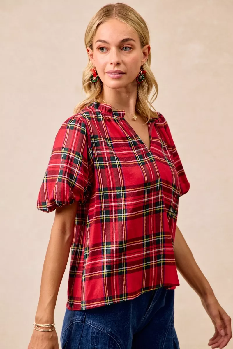 BiBi Christmas Plaid Short Sleeves Ruffled Blouse - Image 6