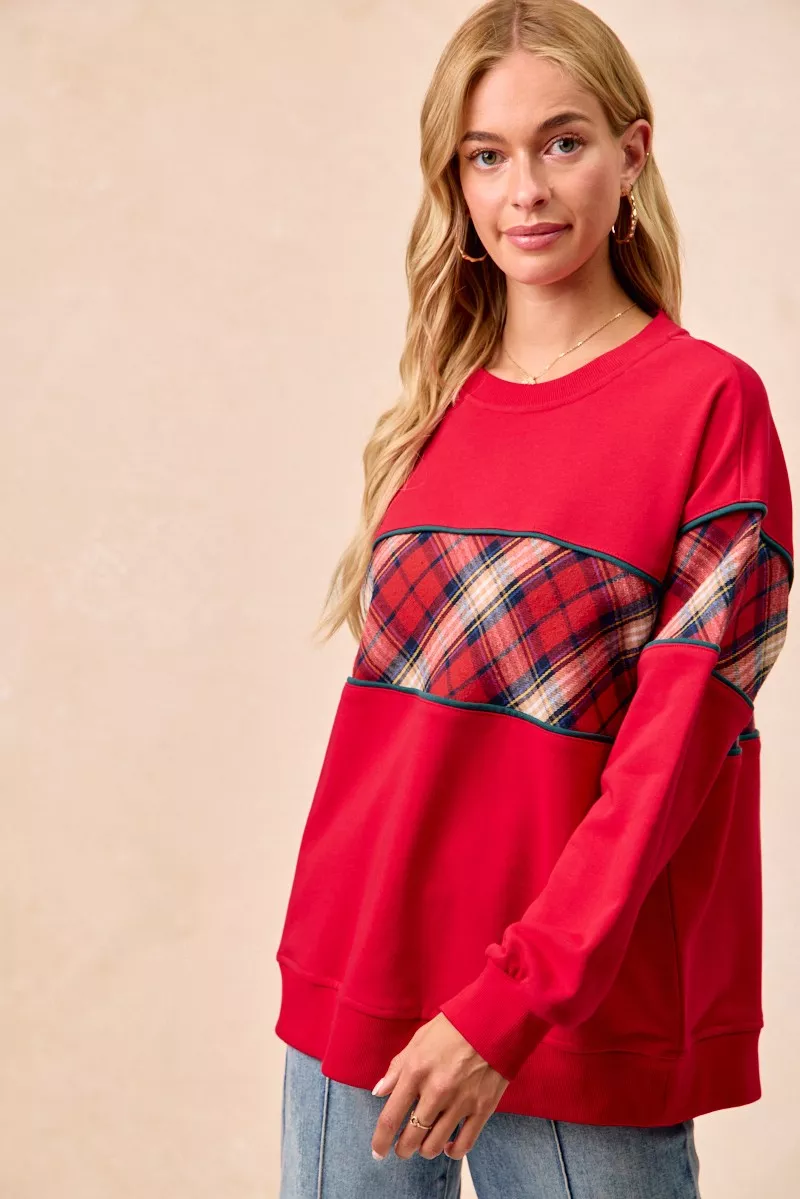 BiBi Christmas Theme Plaid Block Sweatshirt with Binding - Image 6