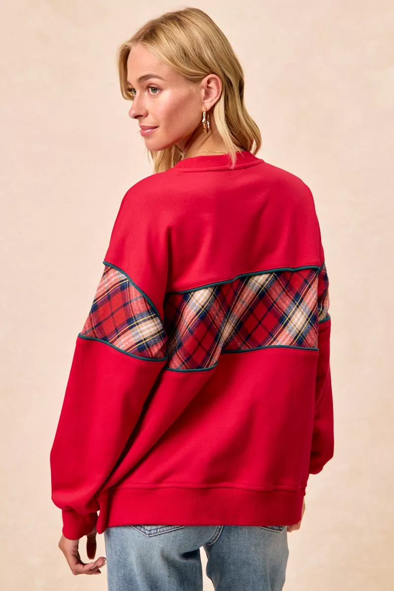 BiBi Christmas Theme Plaid Block Sweatshirt with Binding - Image 8