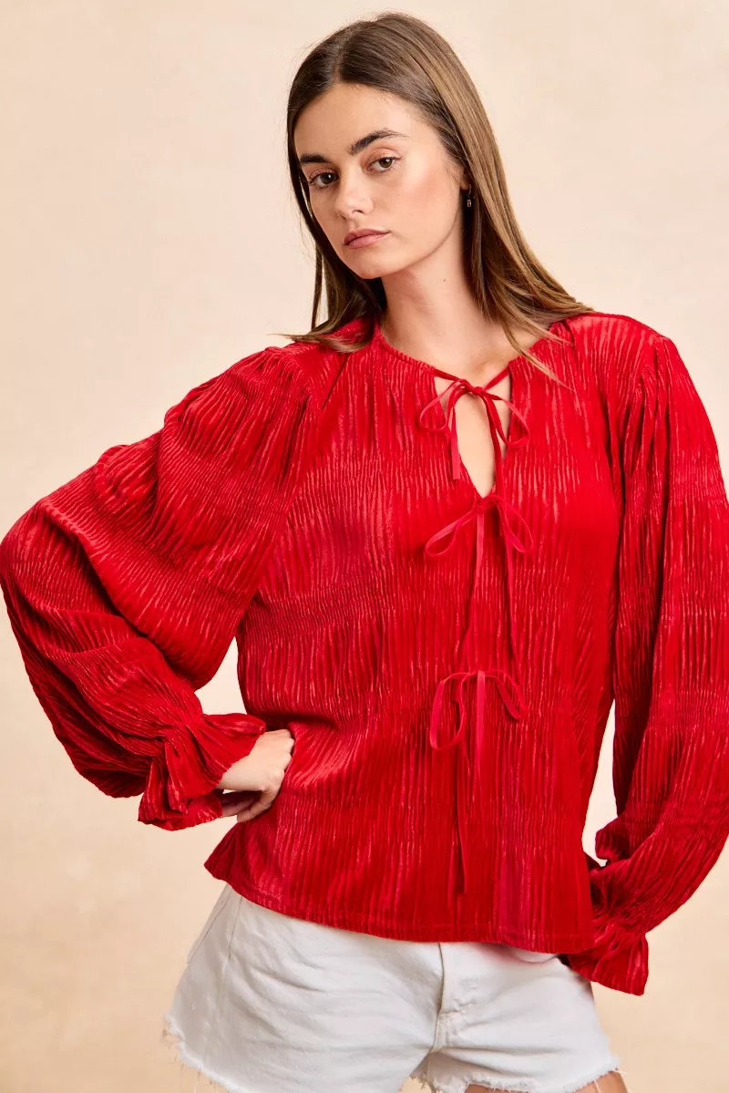 BiBi Christmas Theme Velvet Bow Tied Top With Neck Drop