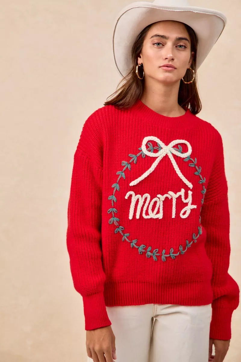 BiBi Christmas Wreath Merry Letter Knit Top - Image 6