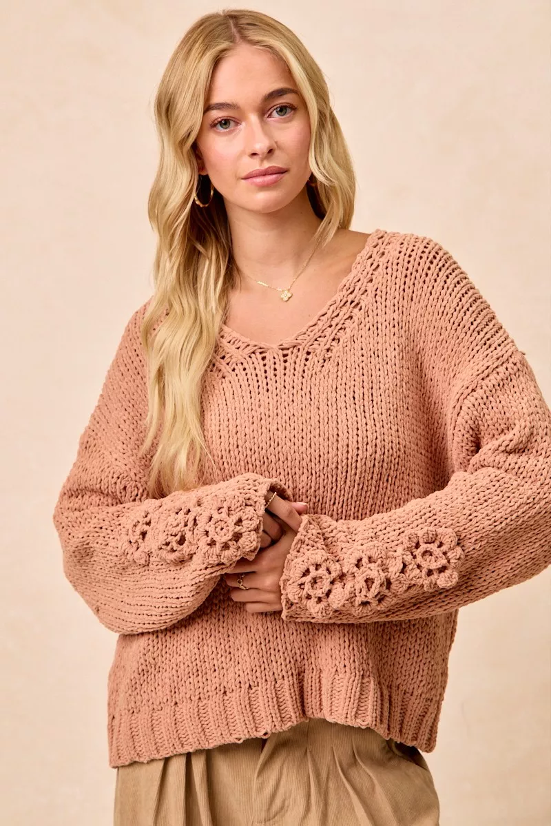 BiBi Chunky Knit Sweater with Flower Detail Sleeves - Image 3