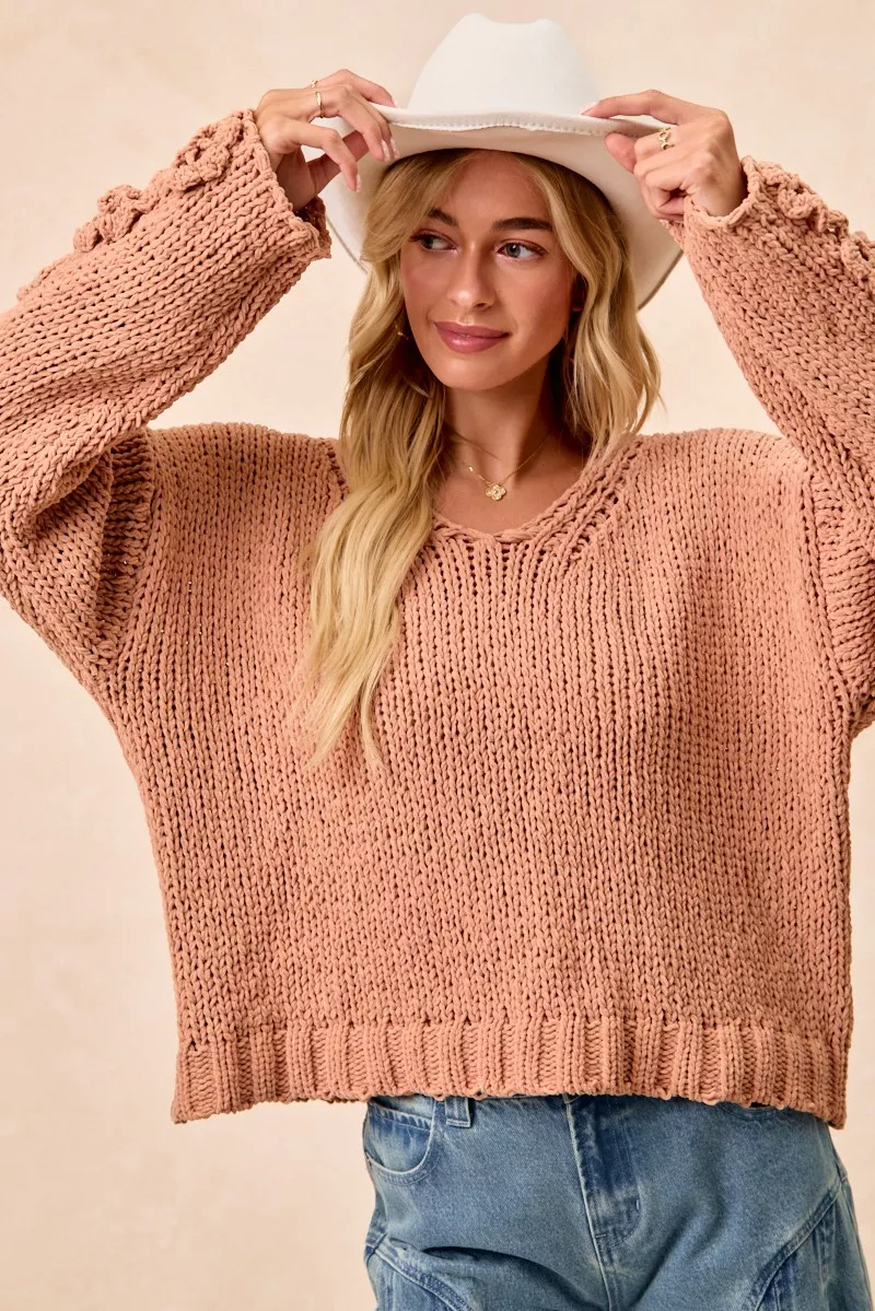 BiBi Chunky Knit Sweater with Flower Detail Sleeves - Image 7