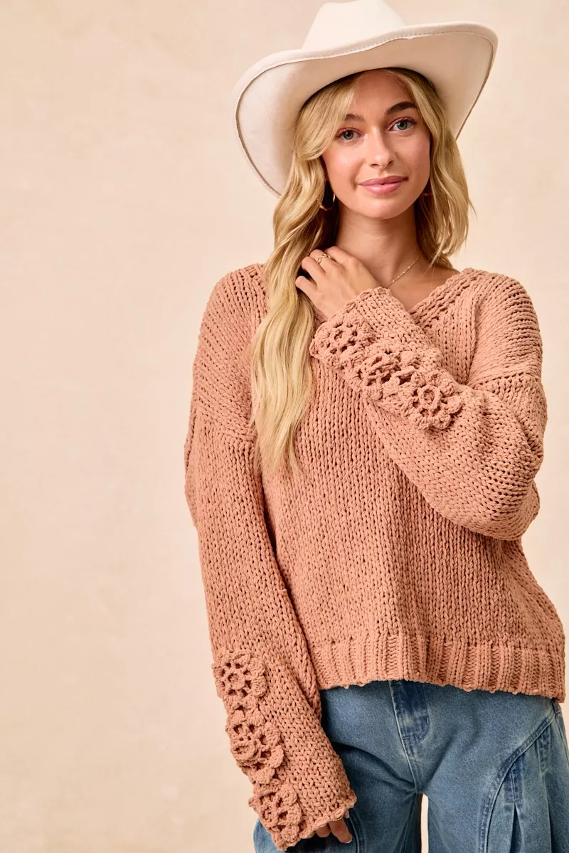 BiBi Chunky Knit Sweater with Flower Detail Sleeves - Image 8