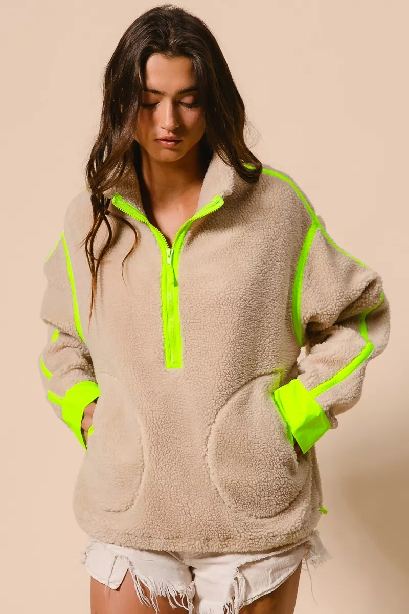 BiBi Contrast Edge Half Zip Up Sherpa Jacket