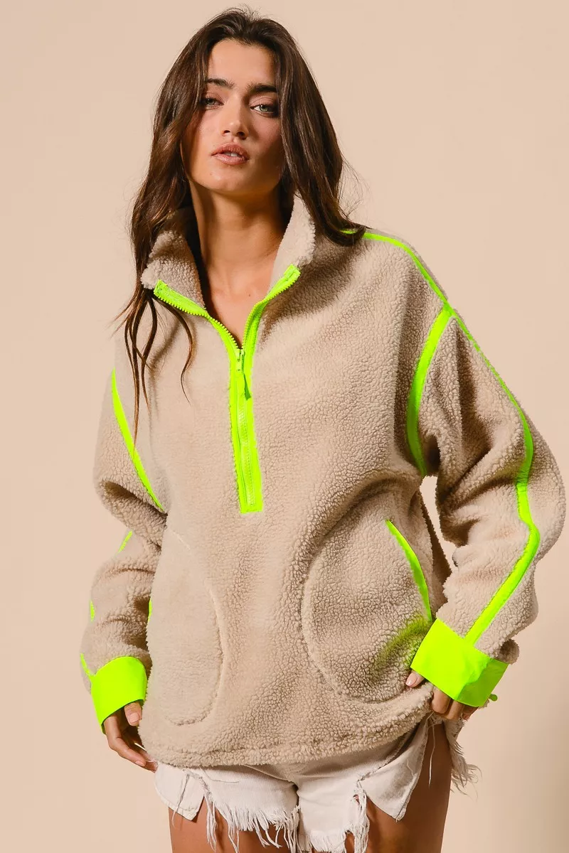 BiBi Contrast Edge Half Zip Up Sherpa Jacket - Image 3
