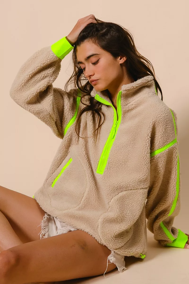 BiBi Contrast Edge Half Zip Up Sherpa Jacket - Image 7