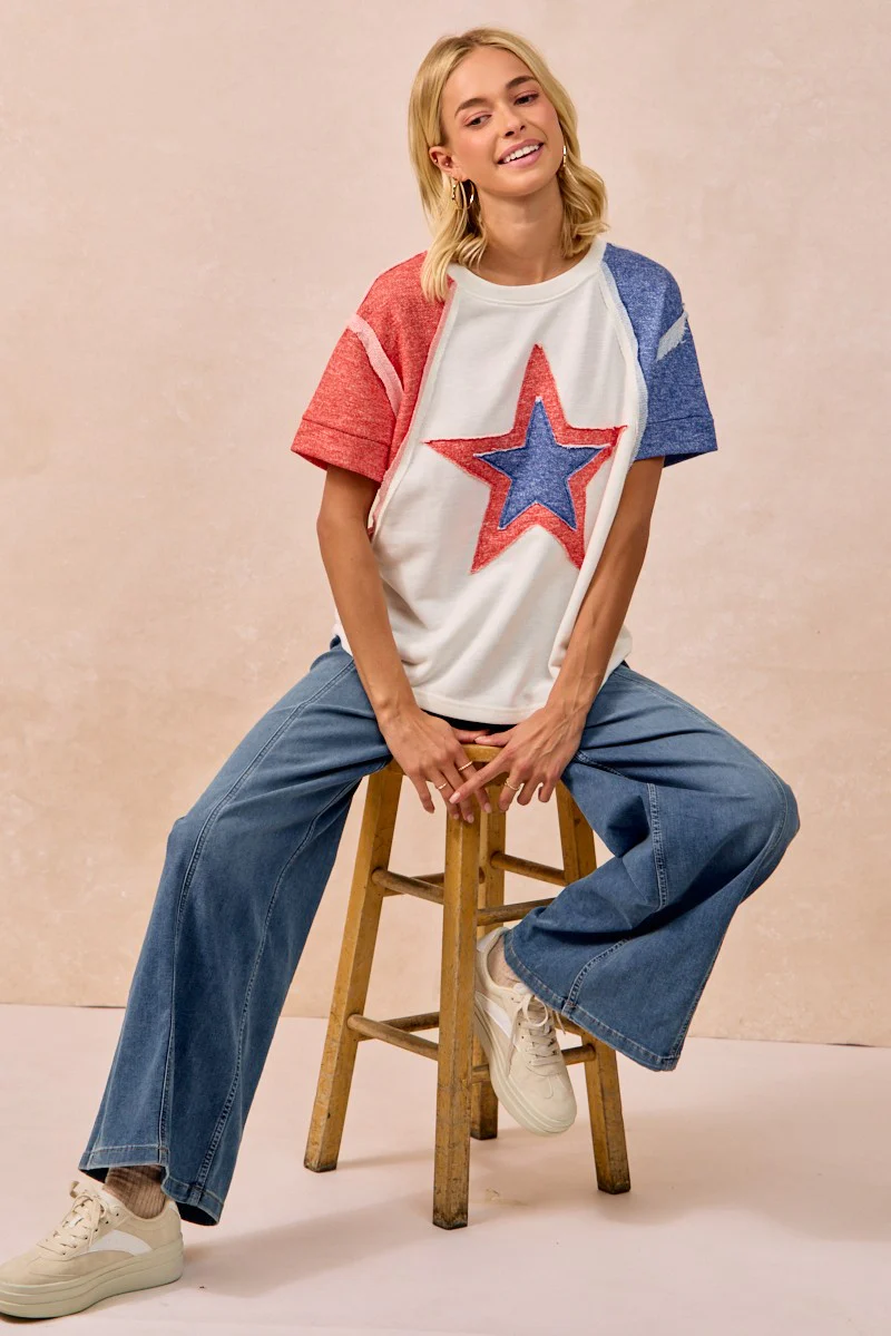 BiBi Contrast French Terry Cut Edge Detail Fourth Of July Theme T-Shirt - Image 10