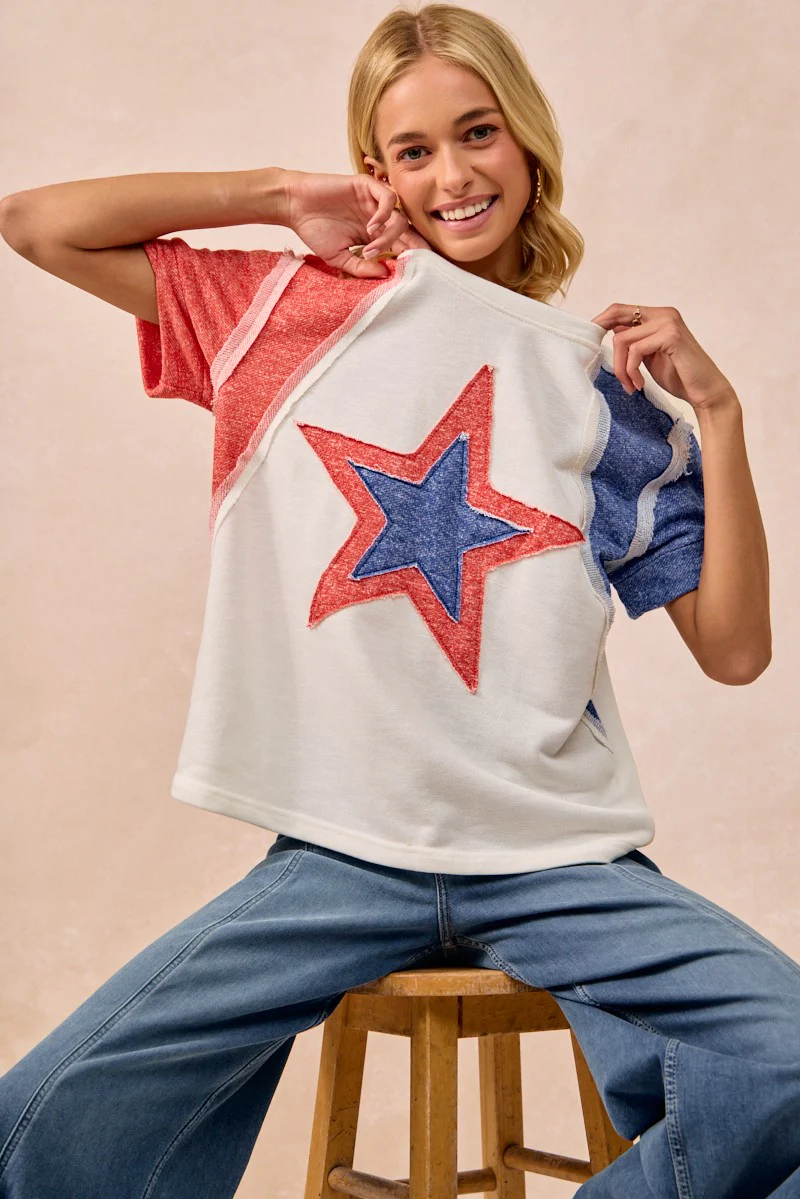 BiBi Contrast French Terry Cut Edge Detail Fourth Of July Theme T-Shirt - Image 13