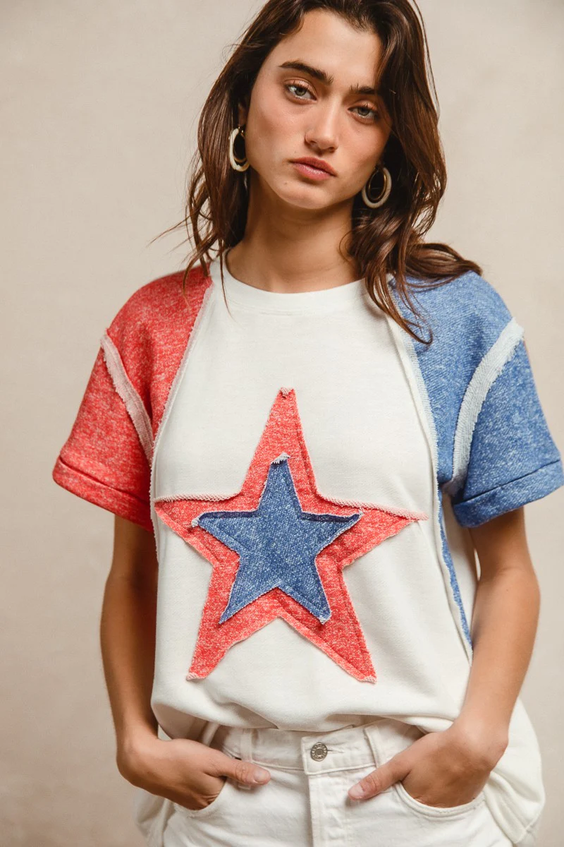 BiBi Contrast French Terry Cut Edge Detail Fourth Of July Theme T-Shirt - Image 17