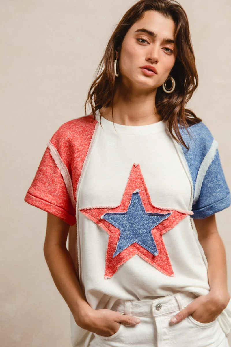 BiBi Contrast French Terry Cut Edge Detail Fourth Of July Theme T-Shirt - Image 18