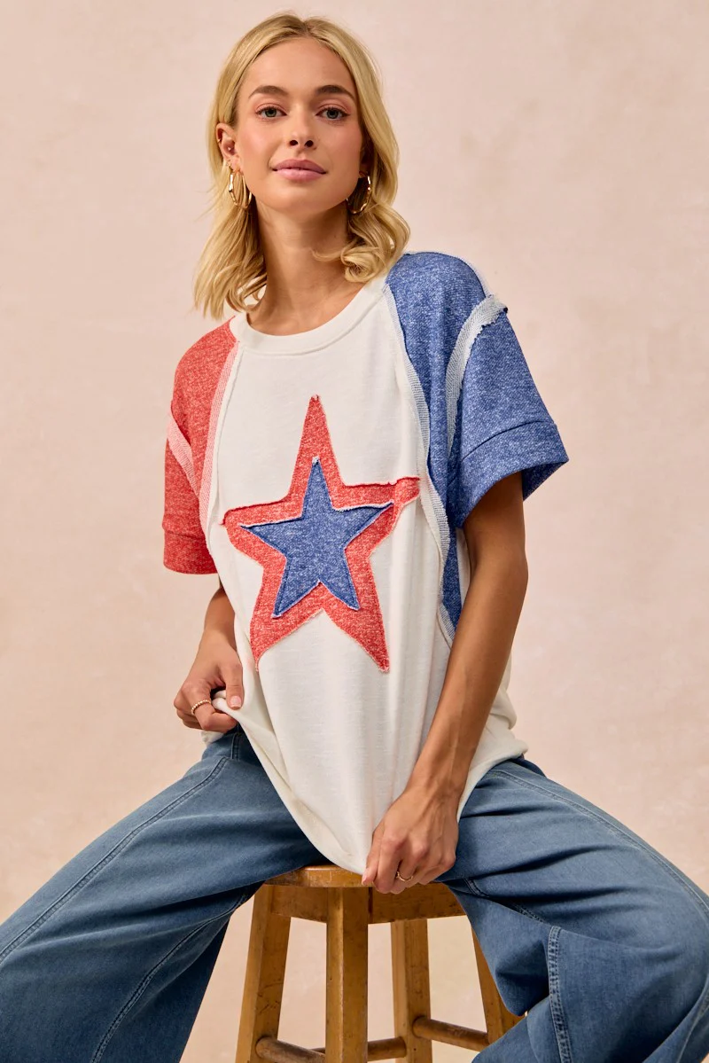 BiBi Contrast French Terry Cut Edge Detail Fourth Of July Theme T-Shirt - Image 2