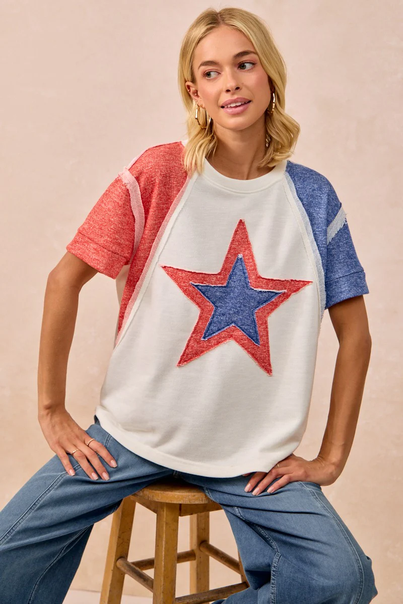 BiBi Contrast French Terry Cut Edge Detail Fourth Of July Theme T-Shirt - Image 3