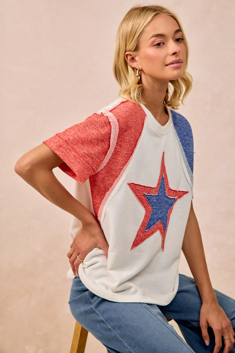 BiBi Contrast French Terry Cut Edge Detail Fourth Of July Theme T-Shirt - Image 5