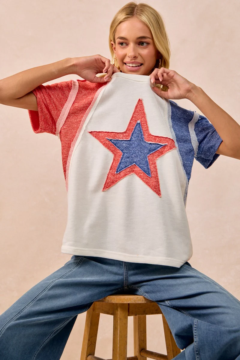 BiBi Contrast French Terry Cut Edge Detail Fourth Of July Theme T-Shirt - Image 7