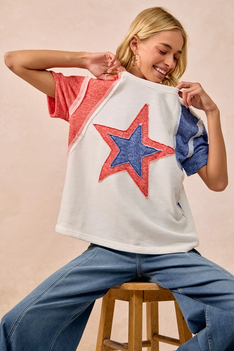 BiBi Contrast French Terry Cut Edge Detail Fourth Of July Theme T-Shirt - Image 8