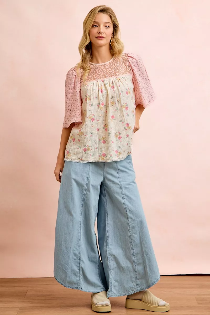 BiBi Crinkle Floral Gauze Mix And Matched Blouse Top - Image 10
