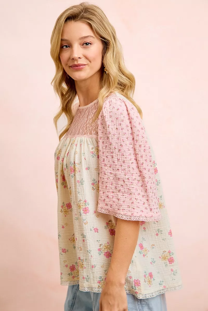 BiBi Crinkle Floral Gauze Mix And Matched Blouse Top - Image 2