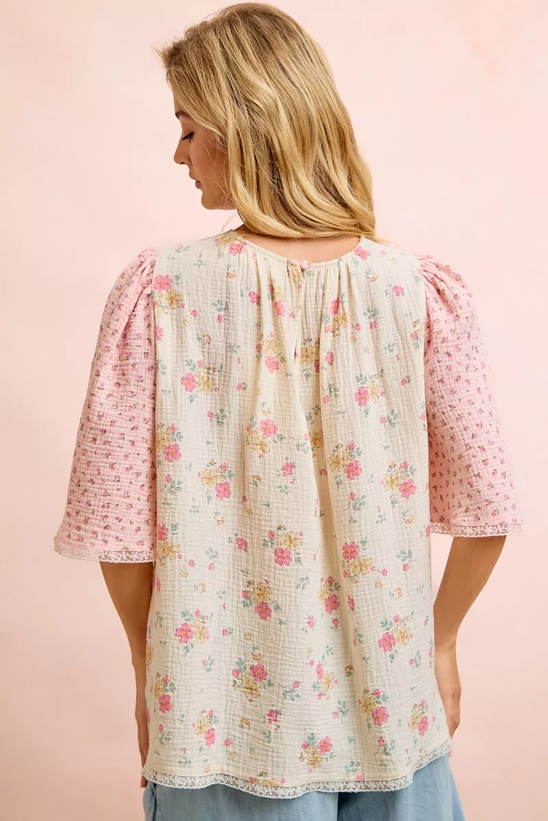 BiBi Crinkle Floral Gauze Mix And Matched Blouse Top - Image 3