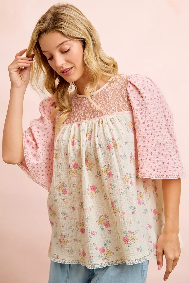 BiBi Crinkle Floral Gauze Mix And Matched Blouse Top - Image 4