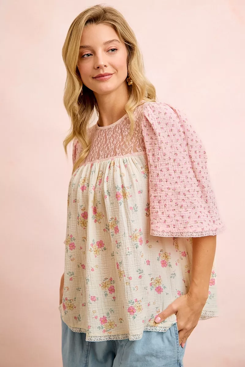 BiBi Crinkle Floral Gauze Mix And Matched Blouse Top - Image 5