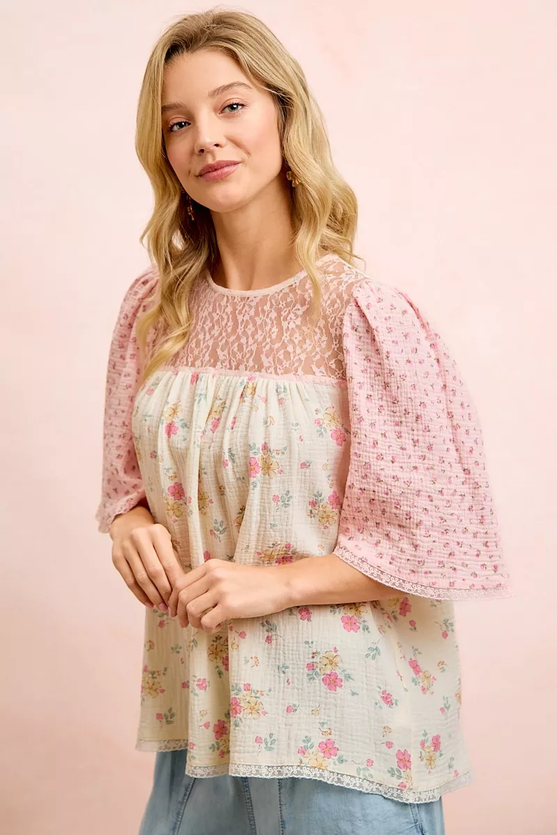 BiBi Crinkle Floral Gauze Mix And Matched Blouse Top - Image 6
