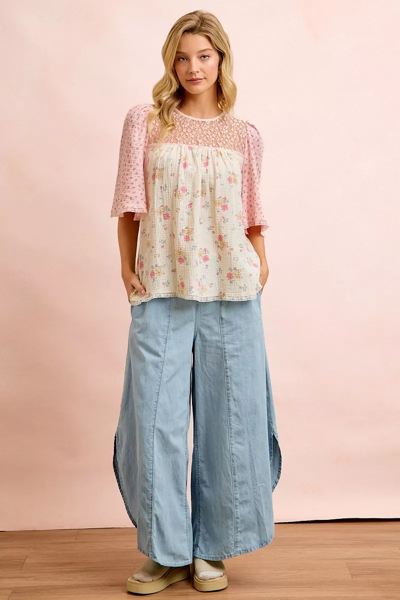BiBi Crinkle Floral Gauze Mix And Matched Blouse Top - Image 7