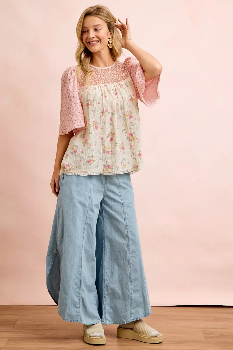 BiBi Crinkle Floral Gauze Mix And Matched Blouse Top - Image 8
