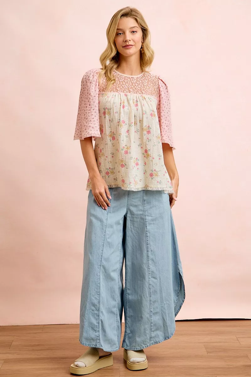 BiBi Crinkle Floral Gauze Mix And Matched Blouse Top - Image 9