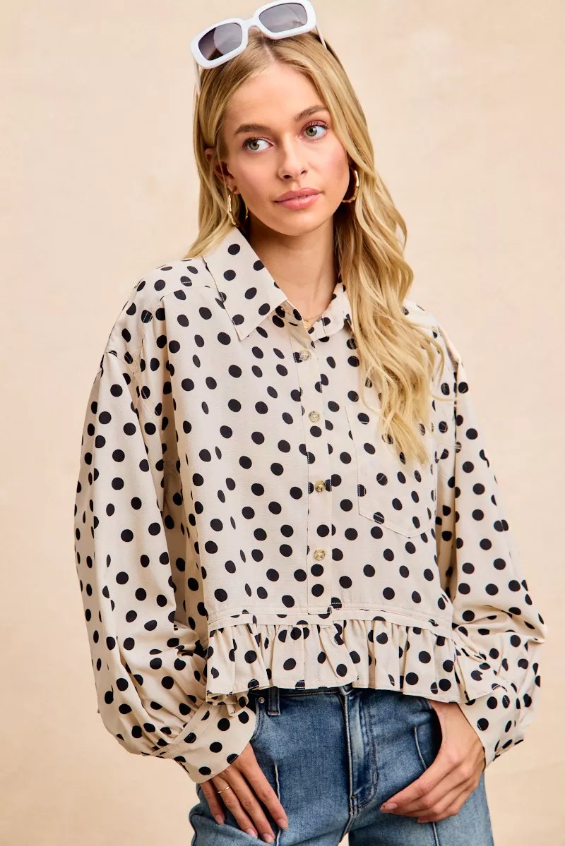 BiBi Crinkle Polka Dot Ruffled Hem Button Up Shirt Top - Image 14